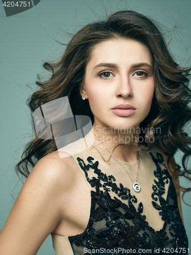 Image of Pretty girl with long hair posing at studio