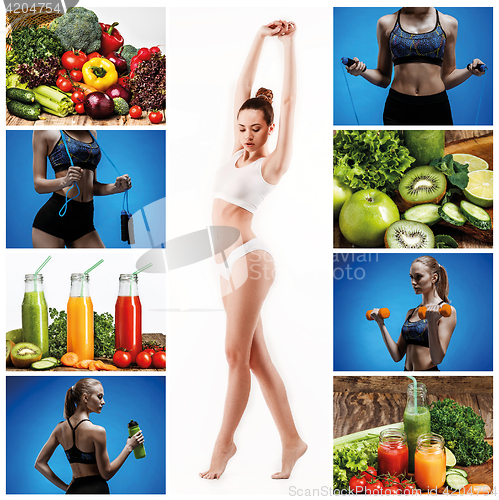 Image of Young healthy woman with vegetables. Collage