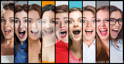 Image of The collage of young woman smiling face expressions