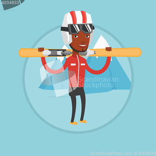 Image of Man holding skis vector illustration.