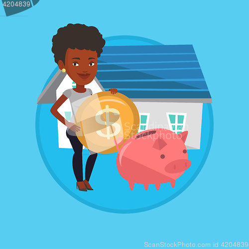 Image of Woman puts money into piggy bank for buying house.