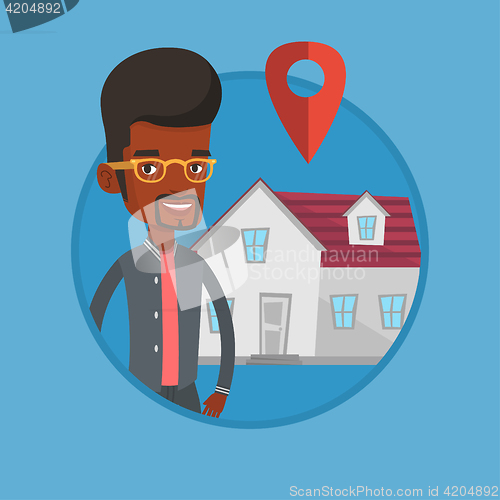 Image of Realtor on background of house with map pointer.