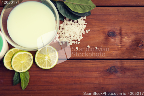 Image of close up of citrus body lotion in bowl on wood