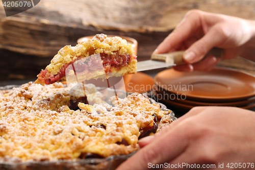 Image of Cake with plums. Homemade pastries.