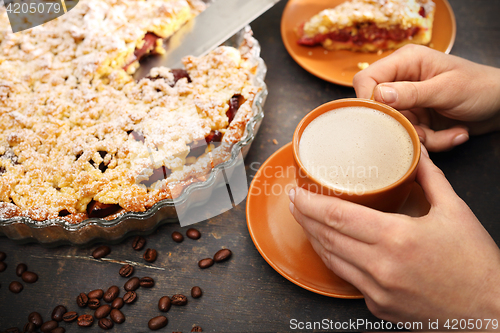 Image of Cake with plums. Homemade pastries.