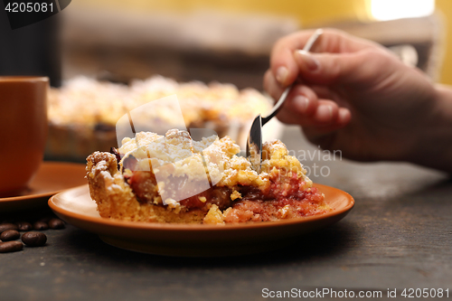 Image of Cake with plums. Homemade pastries.