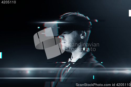 Image of man in virtual reality headset or 3d glasses
