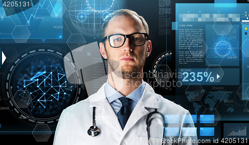 Image of close up of doctor in white coat with stethoscope