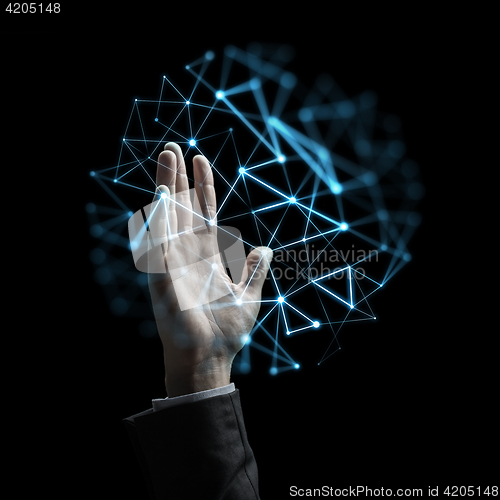 Image of businessman hand with virtual network projection