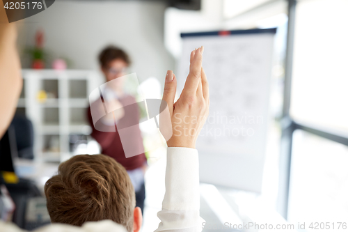 Image of woman raising hand at presentation in office