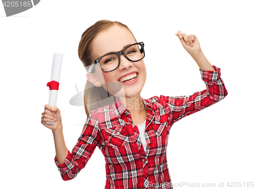 Image of laughing woman in eyeglasses with diploma