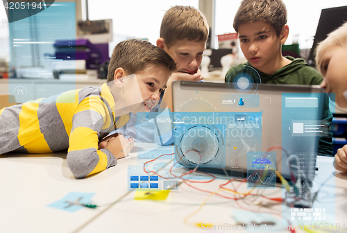 Image of kids, laptop and invention kit at robotics school