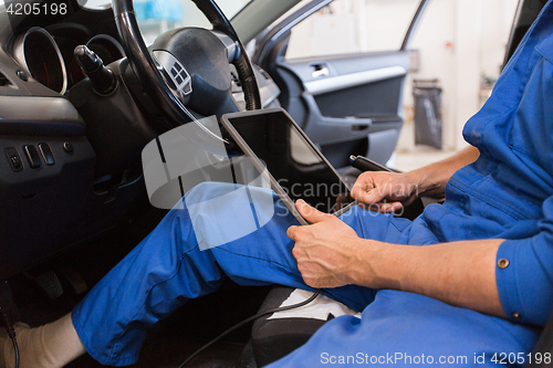 Image of mechanic man with tablet pc making car diagnostic