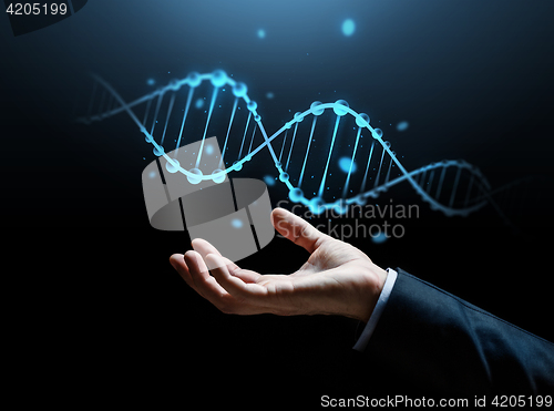 Image of close up of businessman hand with dna molecule