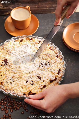 Image of Cake with plums. Homemade pastries.