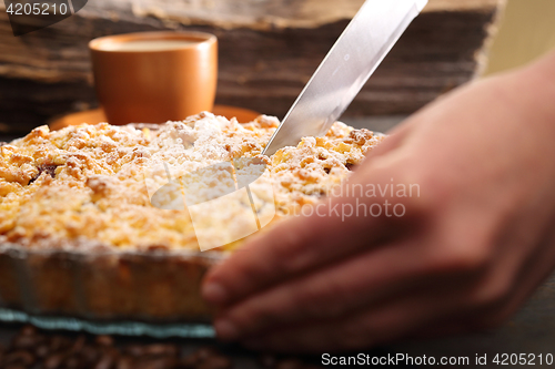 Image of Cake with plums. Homemade pastries. Homemade cake with fruit.