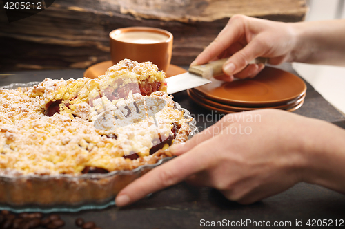 Image of Homemade cake with fruit. Coffee and cake. Homemade cake