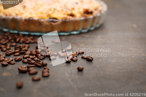 Image of Coffee beans. Homemade pie.