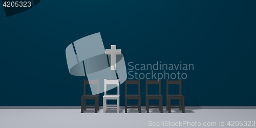 Image of row of chairs and christian cross - 3d rendering