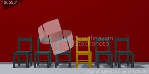 Image of row of chairs, one in gold - 3d illustration