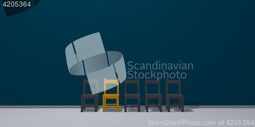 Image of row of chairs, one in gold - 3d illustration