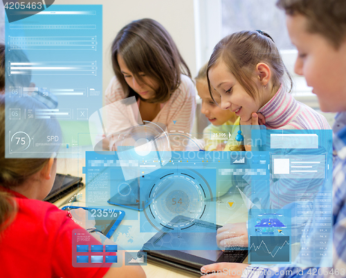 Image of group of school kids with tablet pc in classroom