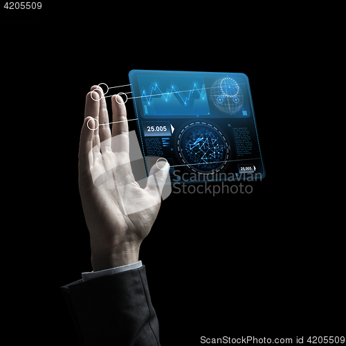 Image of businessman hand with virtual charts over black