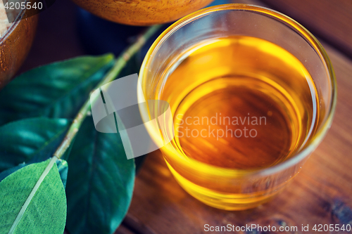 Image of close up of honey in glass with leaves on wood