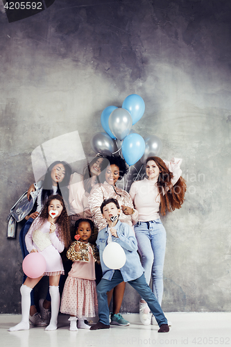 Image of Lifestyle and people concept: young pretty diversity nations woman with different age children celebrating on birth day party together happy smiling, making selfie. African-american, asian and caucasi