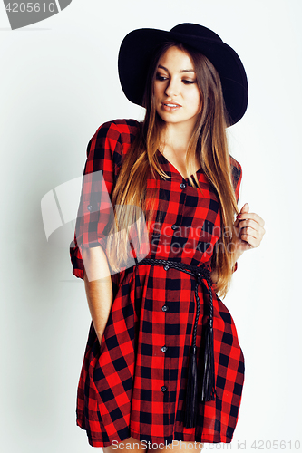Image of young pretty brunette girl hipster in hat on white background casual close up dreaming smiling. real american modern woman, lifestyle real people concept