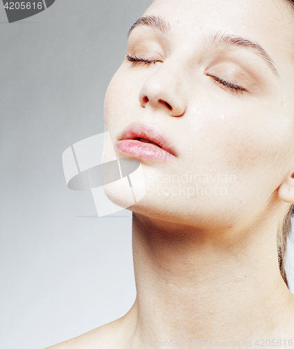 Image of young sweet brunette woman close up isolated on white background, perfect pure innocense freshness face, spa healthcare real people concept