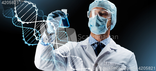 Image of scientist in mask holding flask with chemical