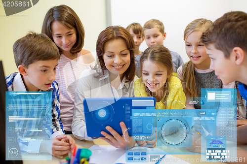 Image of group of kids with teacher and tablet pc at school