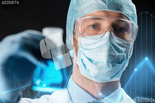 Image of close up of scientist holding flask with chemical