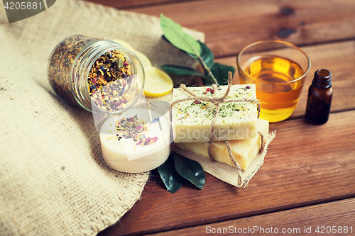 Image of close up of handmade soap bars on wood