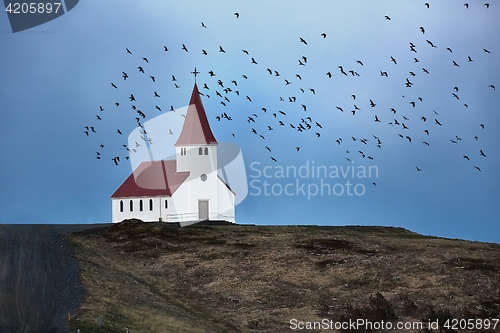 Image of Church and flock of birds