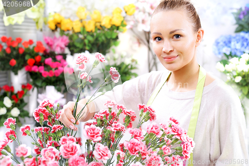 Image of A bouquet of red roses course of floristic Laying flowers Cut flowers, carnations