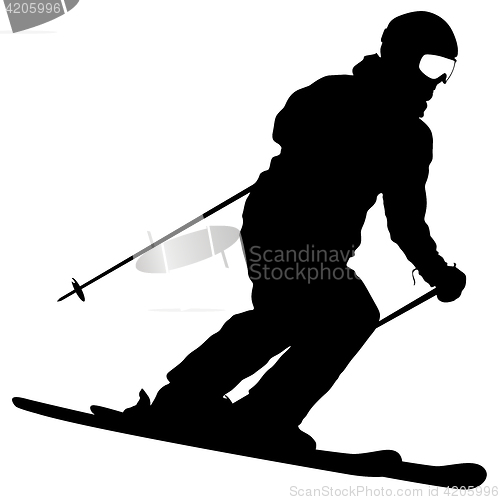 Image of Mountain skier speeding down slope. sport silhouette