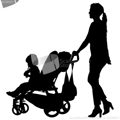 Image of Black silhouettes Family with pram on white background. illustration