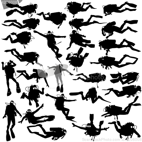 Image of Set black silhouette scuba divers. illustration