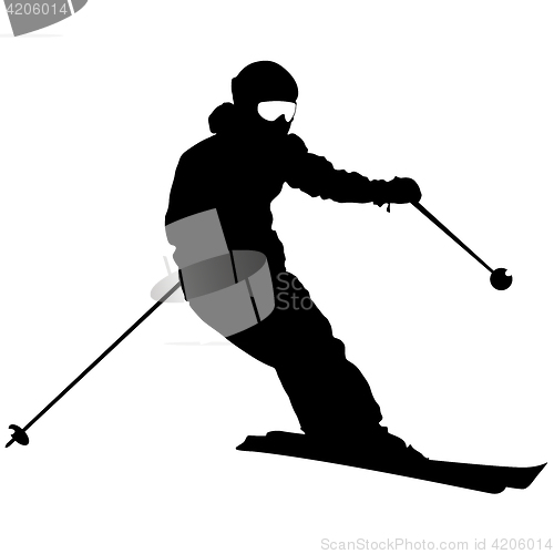 Image of Mountain skier speeding down slope. sport silhouette