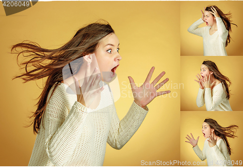 Image of Portrait of young woman with shocked facial expression