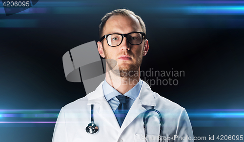 Image of close up of doctor in white coat with stethoscope