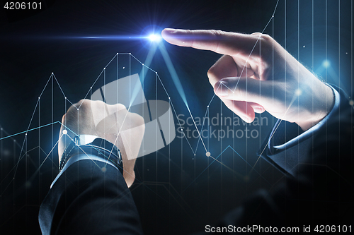 Image of close up of businessman hands with smartwatch