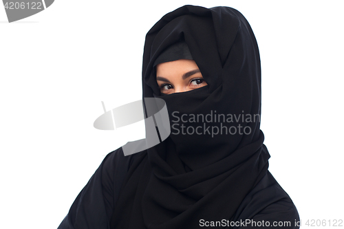 Image of muslim woman in hijab over white background