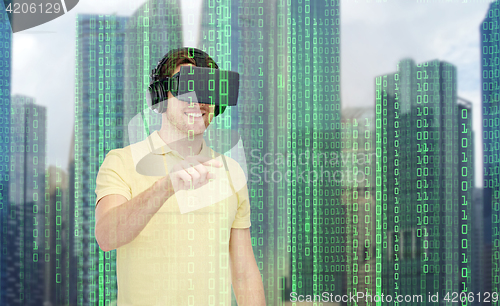 Image of happy man in virtual reality headset or 3d glasses