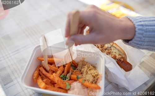 Image of close up of hand with hot dog and sweet potato