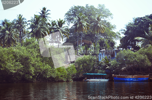 Image of Fishing boats at the pier in palm jungles