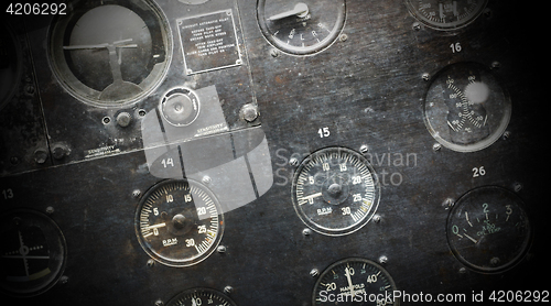 Image of Different meters and displays in an old plane