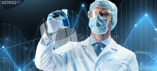 Image of scientist in mask holding flask with chemical